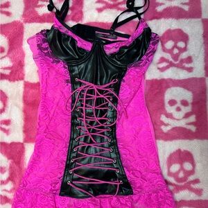 Pink and Black Lace-Up Corset Top